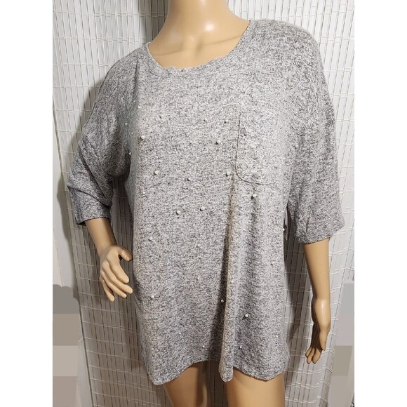 Peace And Pearls Blouse For Women Size Medium relax fit Gray With Pearl Trim - Picture 1 of 12